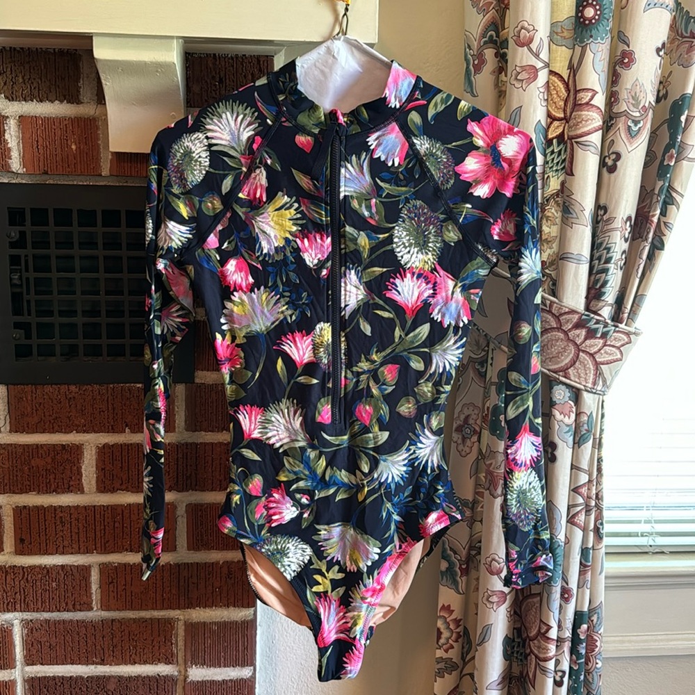 Floral print rash guard one piece swimsuit